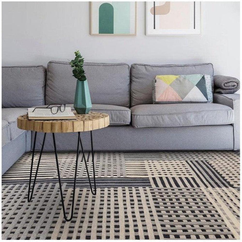 Asiatic Aspect Grey Designer Rug featuring geometric striped pattern in cream, black and grey on light background, machine-woven polypropylene