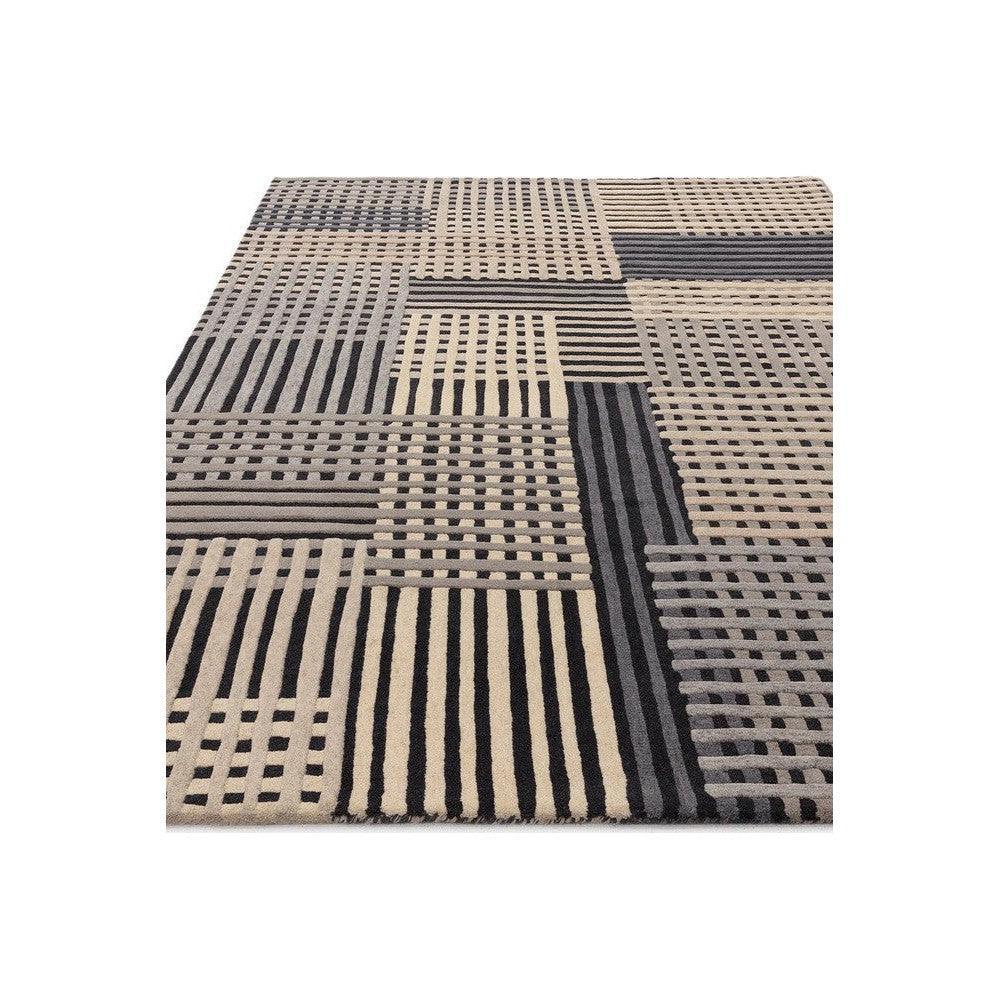 Asiatic Aspect Grey Designer Rug featuring geometric patchwork pattern in beige, black, charcoal and grey on cream background