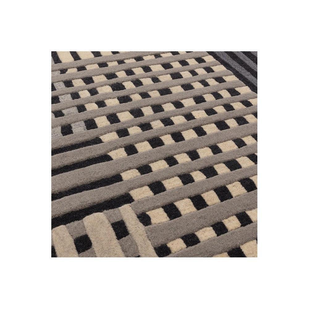 Asiatic Aspect Grey Designer Rug featuring geometric striped pattern in grey, charcoal and beige on light grey background, machine-made polyester blend