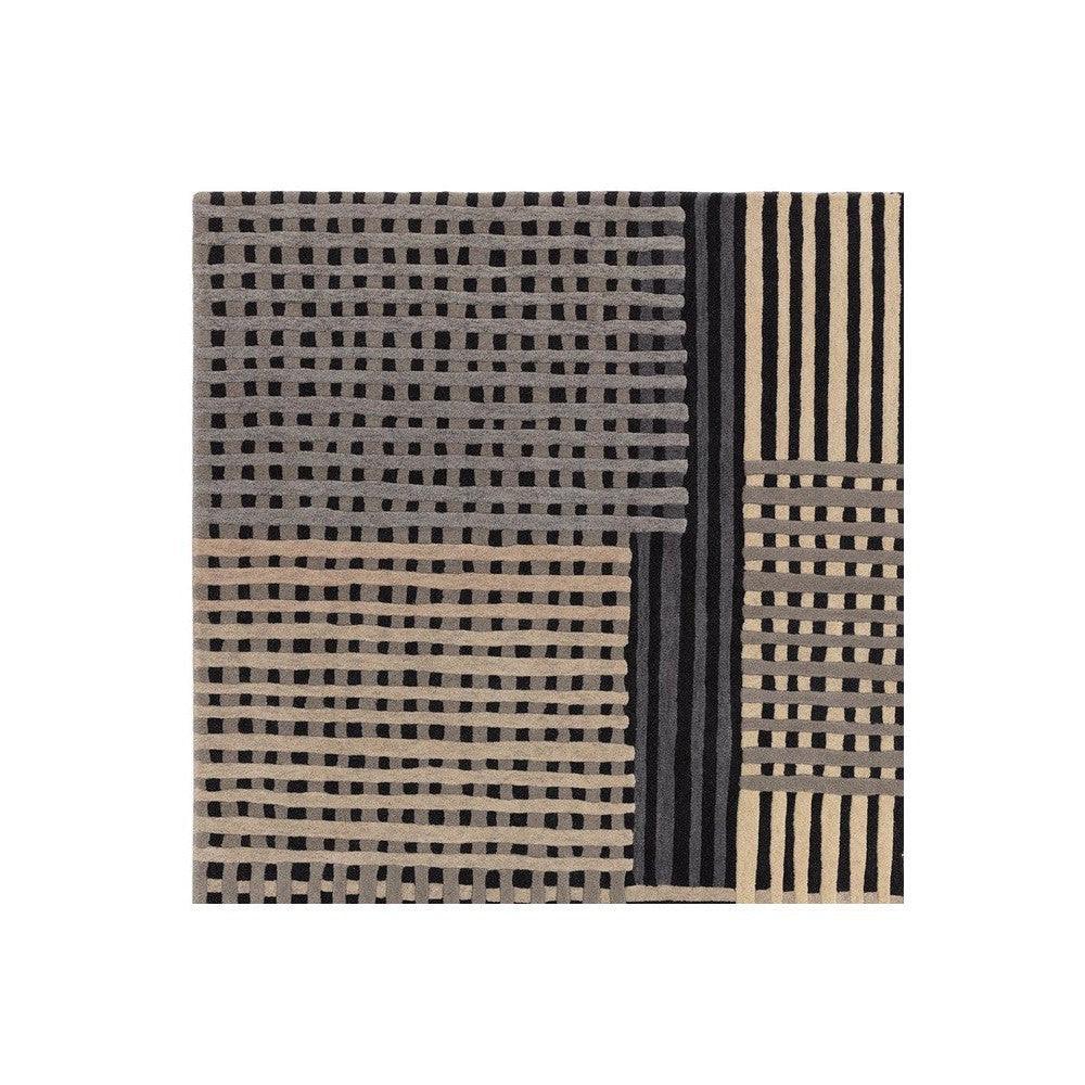 Asiatic Aspect Grey Rug featuring geometric grid and stripe pattern in charcoal grey, taupe and beige on light grey, hand-tufted wool