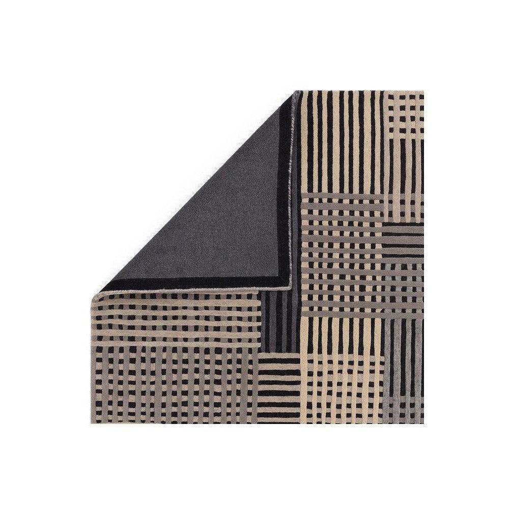 Asiatic Aspect Grey Designer Rug featuring a beige-black geometric grid on grey background, machine-woven rug