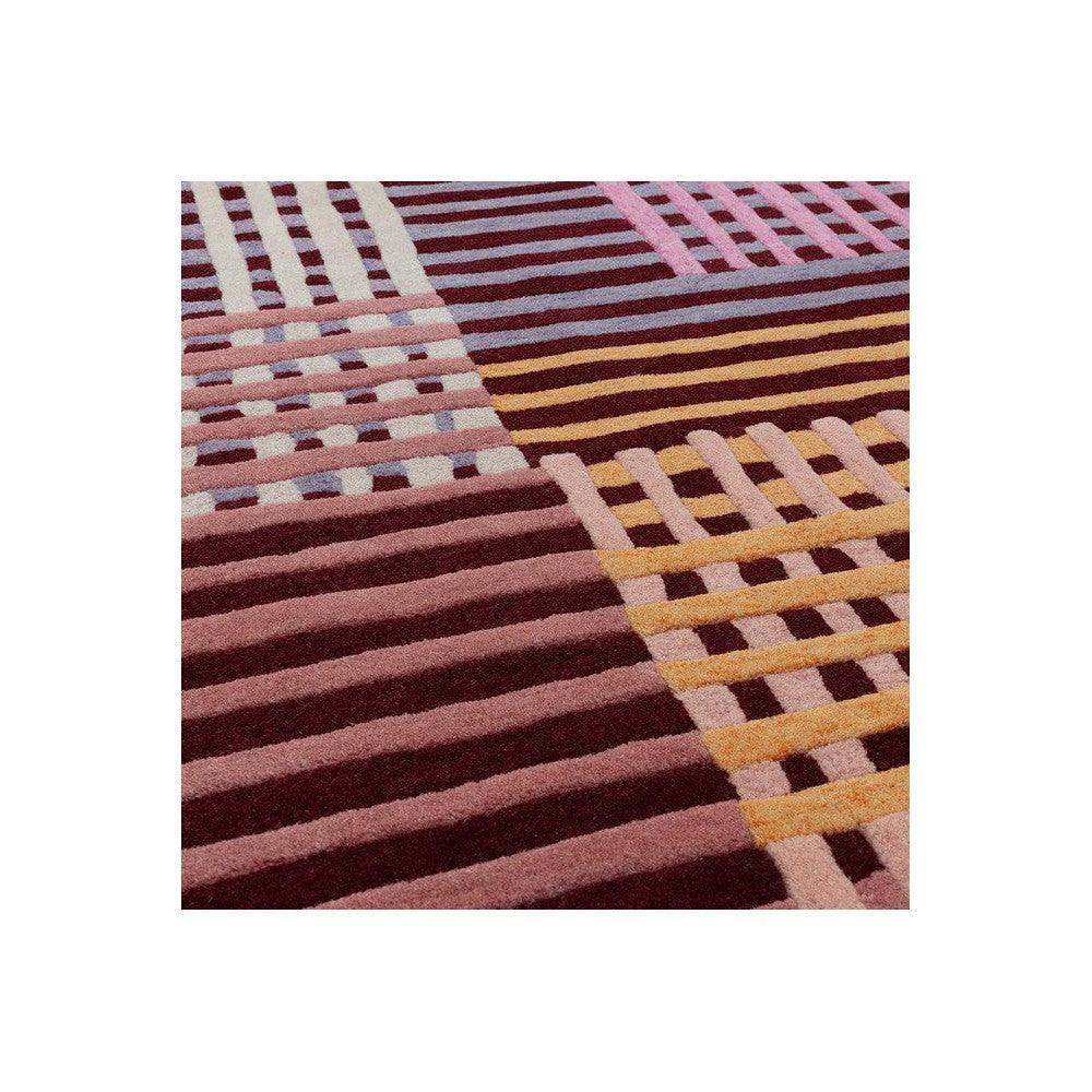 Asiatic Aspect Red Designer Rug featuring geometric striped blocks in maroon, pink, cream, mustard on burgundy background, hand-tufted wool