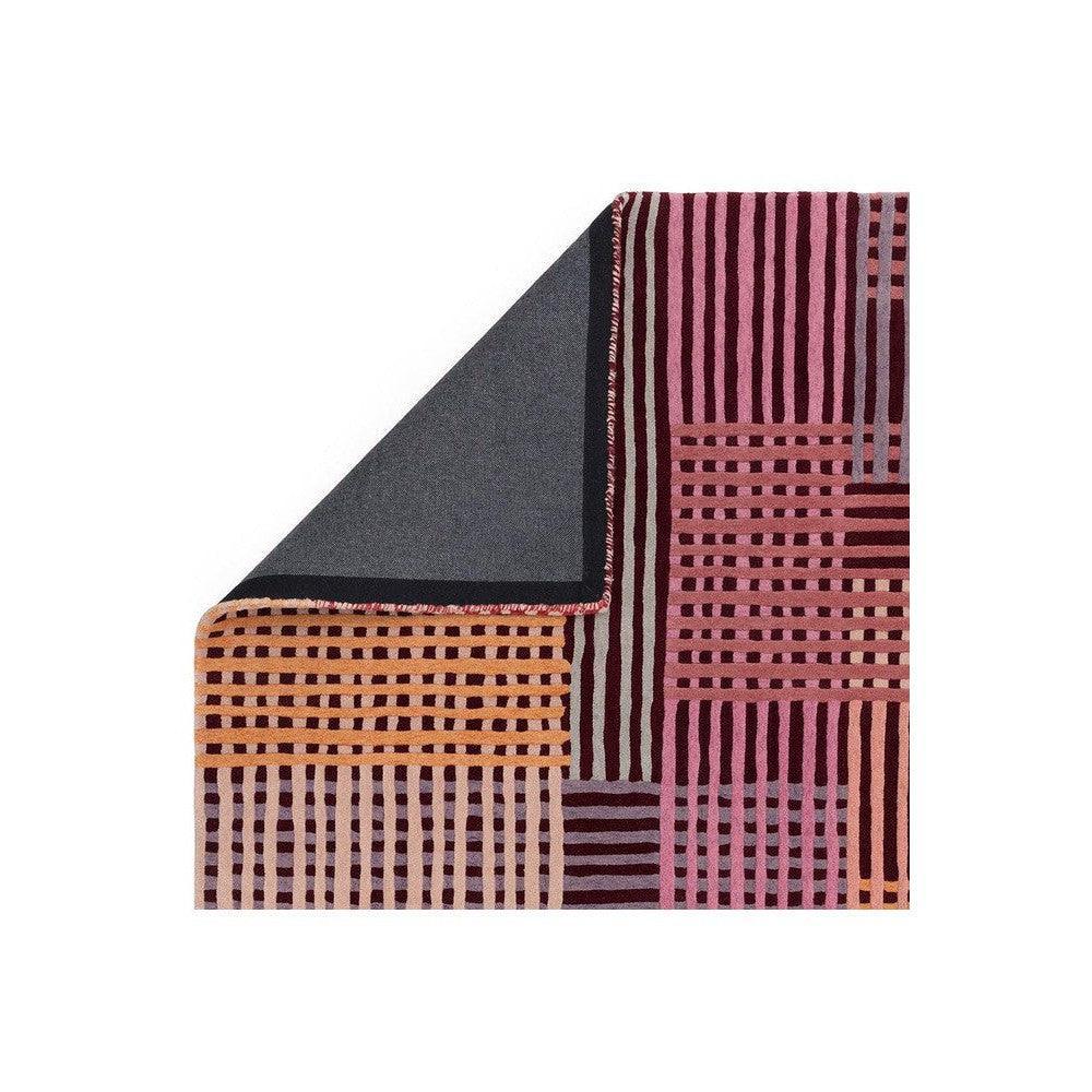 Asiatic Aspect Red Designer Rug featuring abstract geometric stripe grid in burgundy, pink, orange, lilac and grey on white background, hand-tufted wool