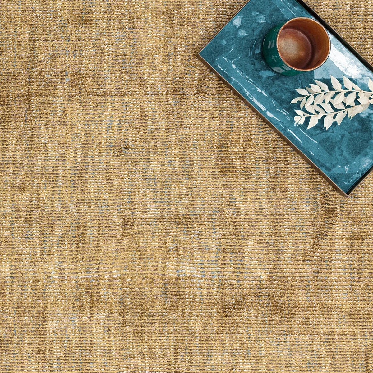 Asiatic Aston Ochre Designer Rug featuring abstract pattern in ochre, ivory and steel blue on beige, machinewoven wool