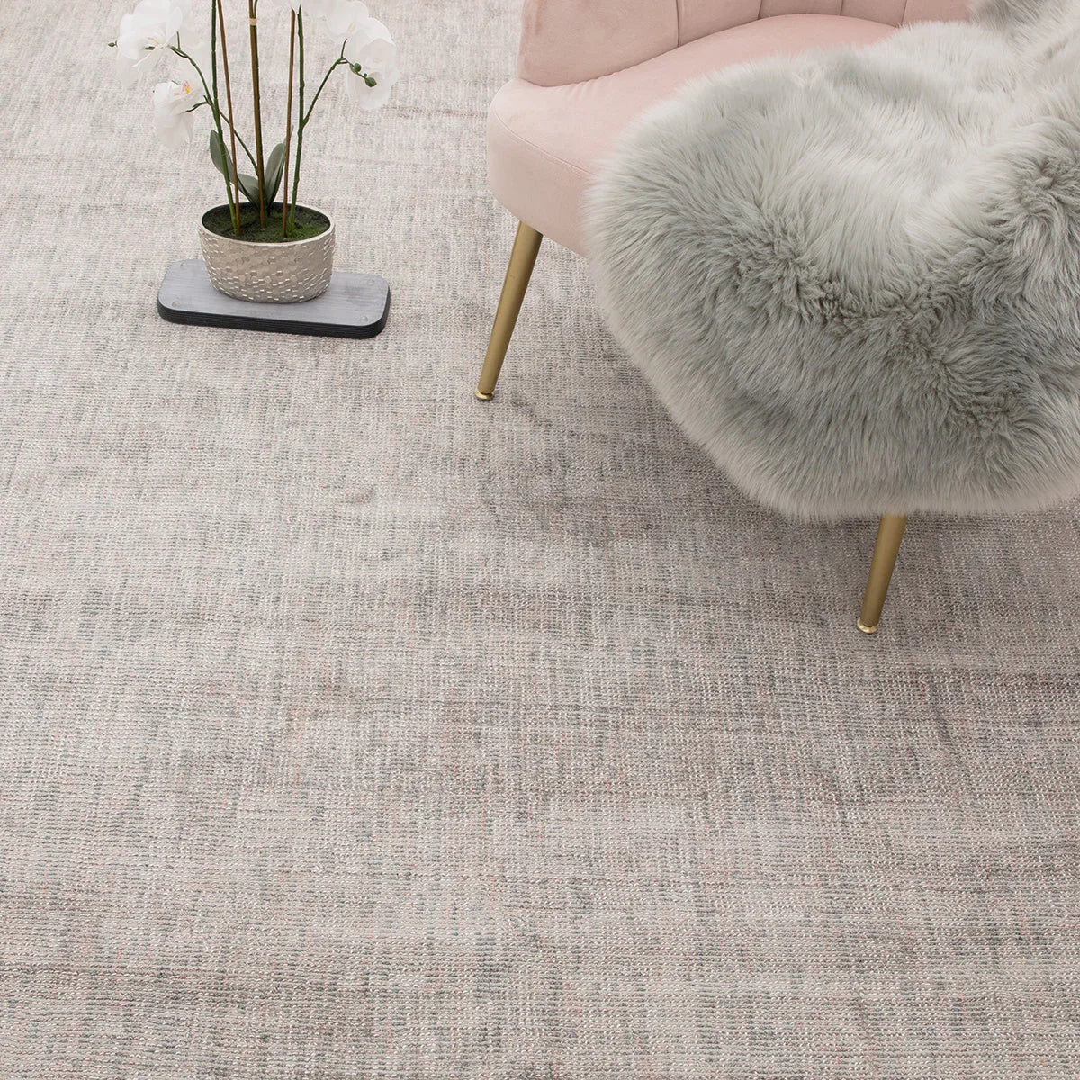 Asiatic Aston Silver Designer Rug featuring a distressed weave in dusty pink, taupe and grey on beige, hand-tufted wool