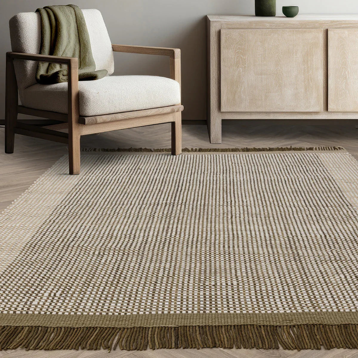 Asiatic Avalon Forest Designer Rug featuring geometric pattern in cream ivory taupe on beige background handwoven wool