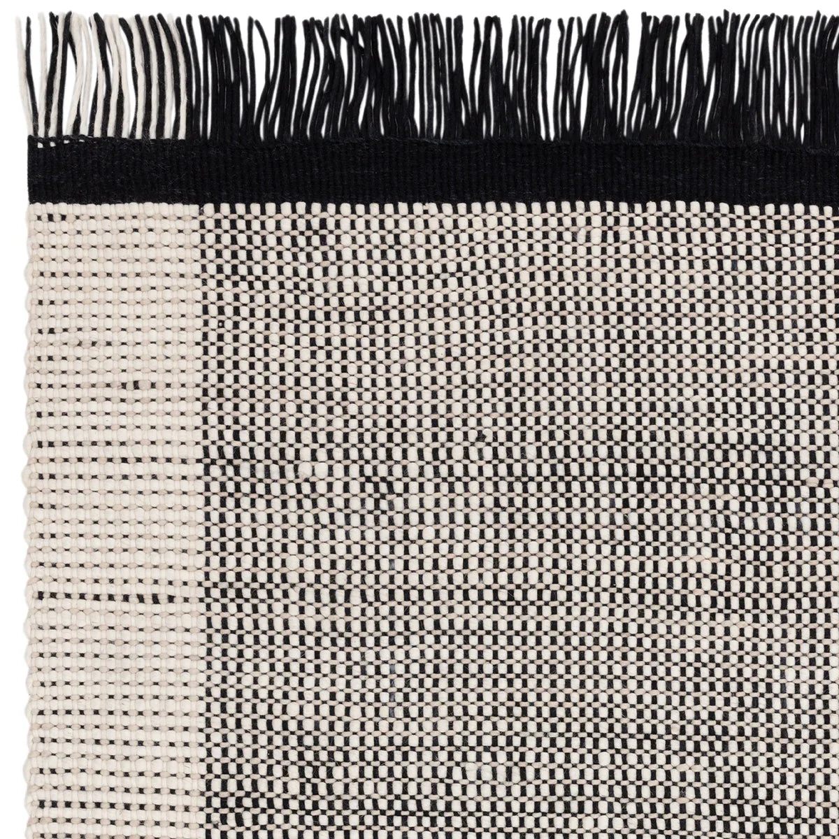 Asiatic Avalon Monochrome Designer Rug featuring geometric grid in cream and black on ivory background, handwoven wool
