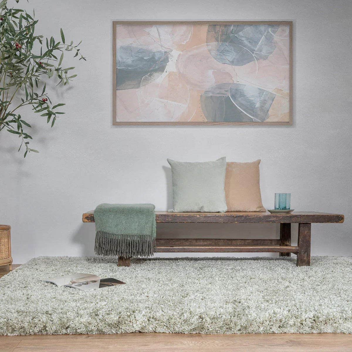 Asiatic Barnaby Sage Designer Rug featuring solid shag in sage, cream and beige on pale grey background, hand-tufted wool