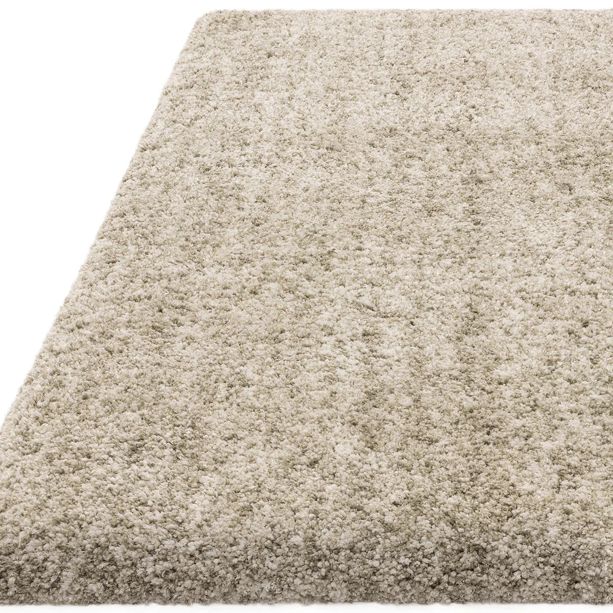 Asiatic Barnaby Sage Designer Rug featuring solid shag pattern in soft beige, cream and taupe on white background, shag pile wool