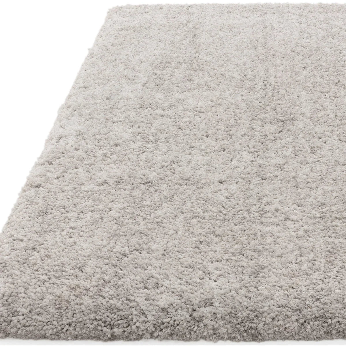 Asiatic Barnaby Silver Designer Rug featuring shaggy pile in silver-grey on white background, hand-tufted wool