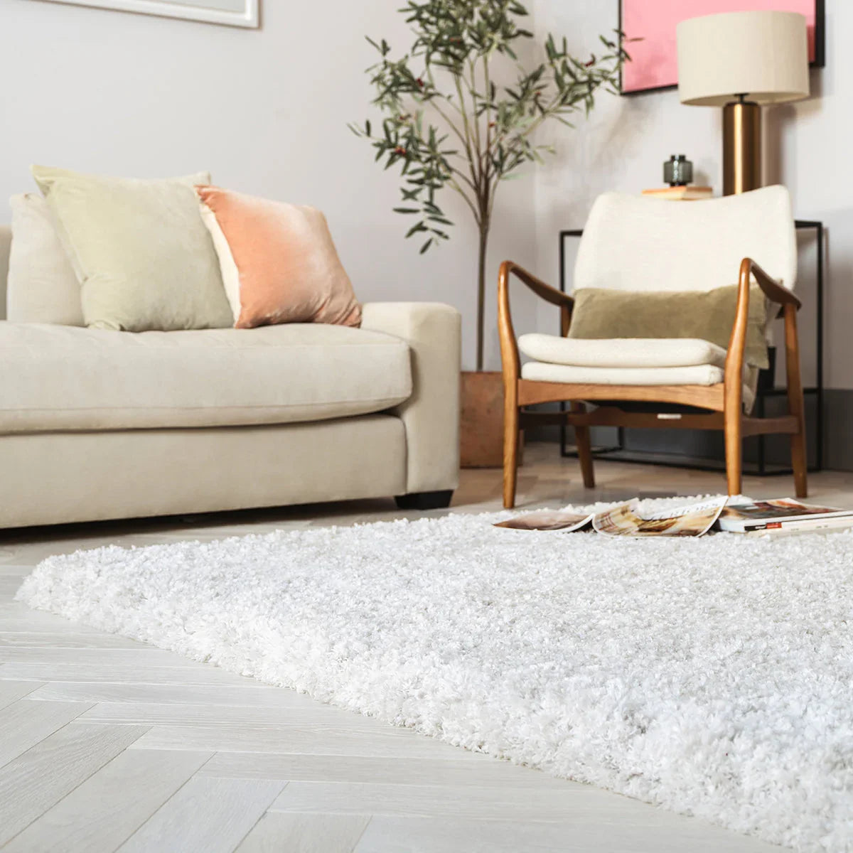 Asiatic Barnaby Off White Designer Rug featuring shag in ivory, cream and white on pale grey backdrop, machine-made wool