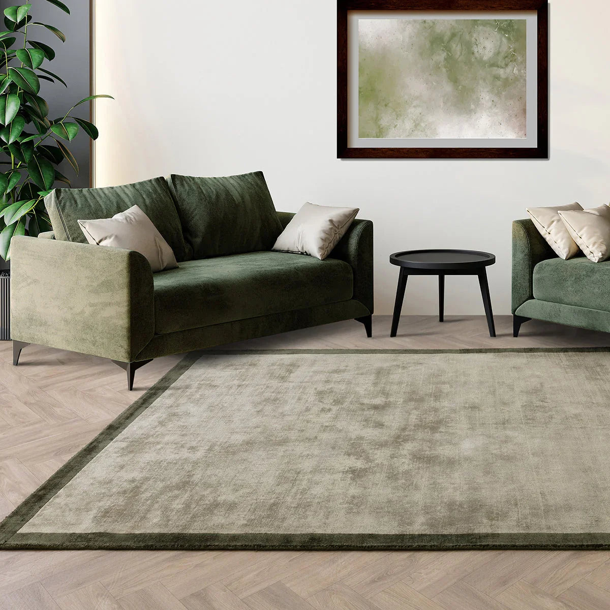 Asiatic Blade Border Sage Olive 05 Rug featuring blade border in sage, olive & cream on beige, hand-tufted wool