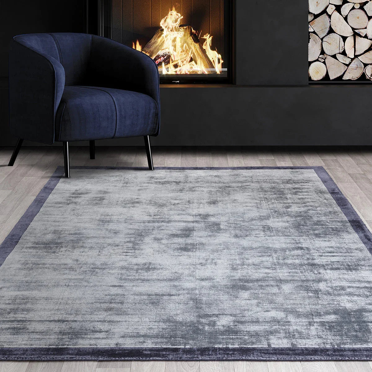 Asiatic Blade Border Rug featuring blade-border design in navy, grey and light grey on grey background, machine-made