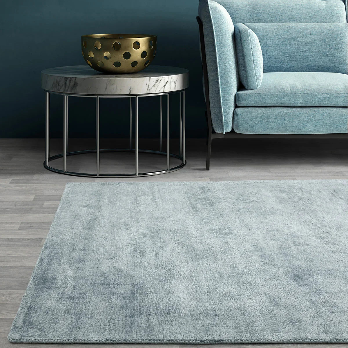 Asiatic Blade Airforce Blue Designer Rug featuring tonal design in airforce blue and pale blue on teal background; constr./mat.