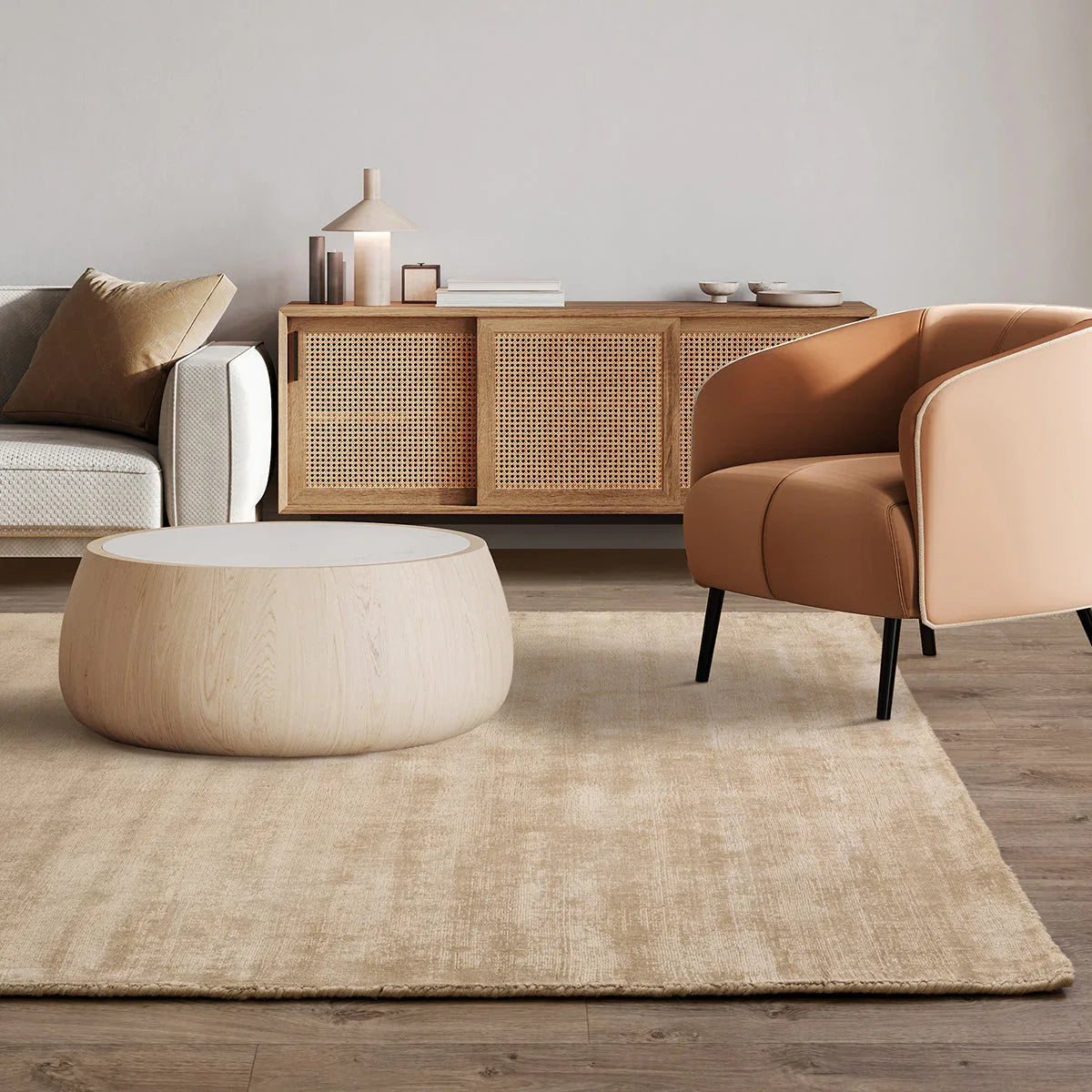 Asiatic Blade Champagne Designer Rug featuring solid design in champagne, cream and beige on cream background, powerloomed wool