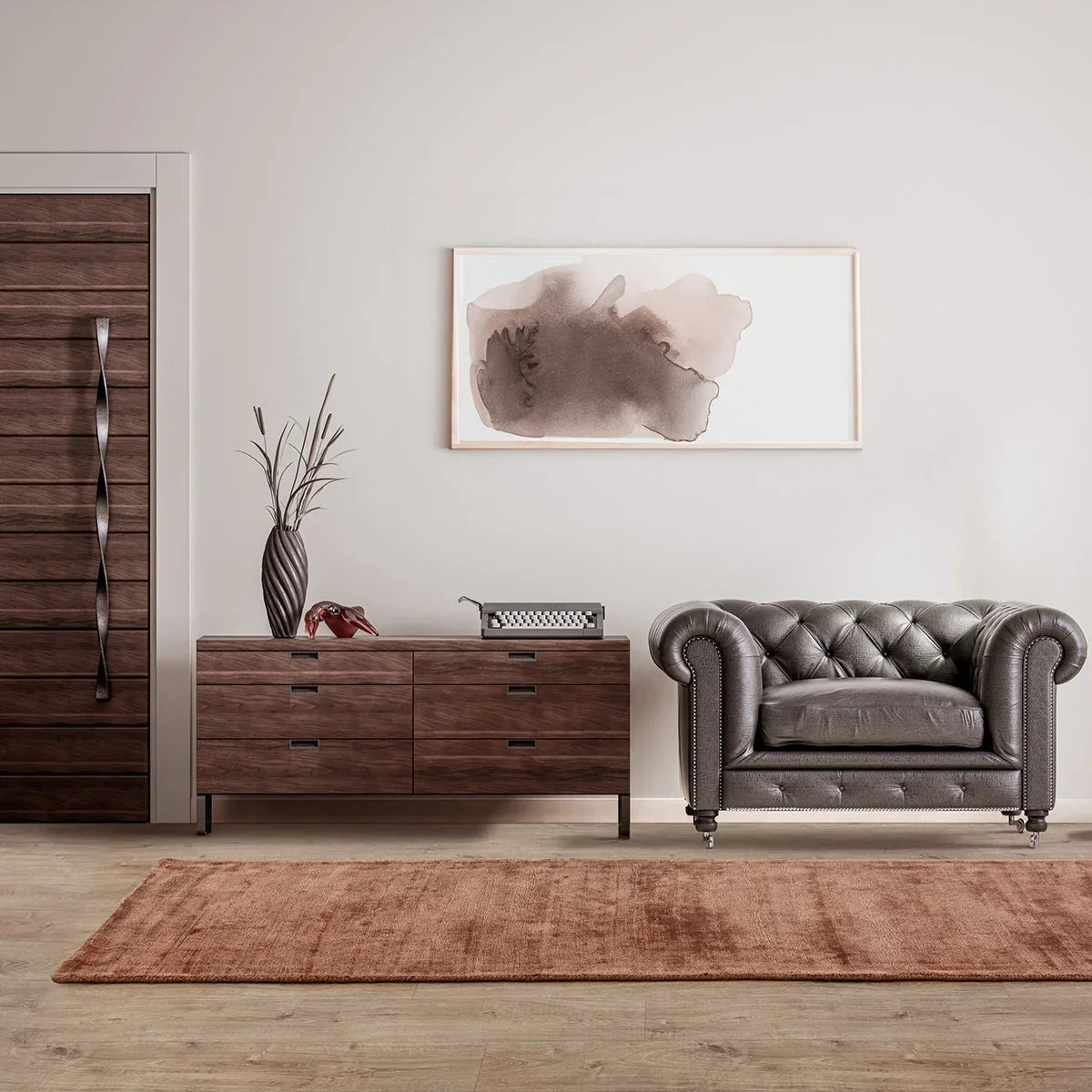 Asiatic Blade Earth Runner Designer Rug featuring solid terracotta colour on warm beige background, machine-made wool