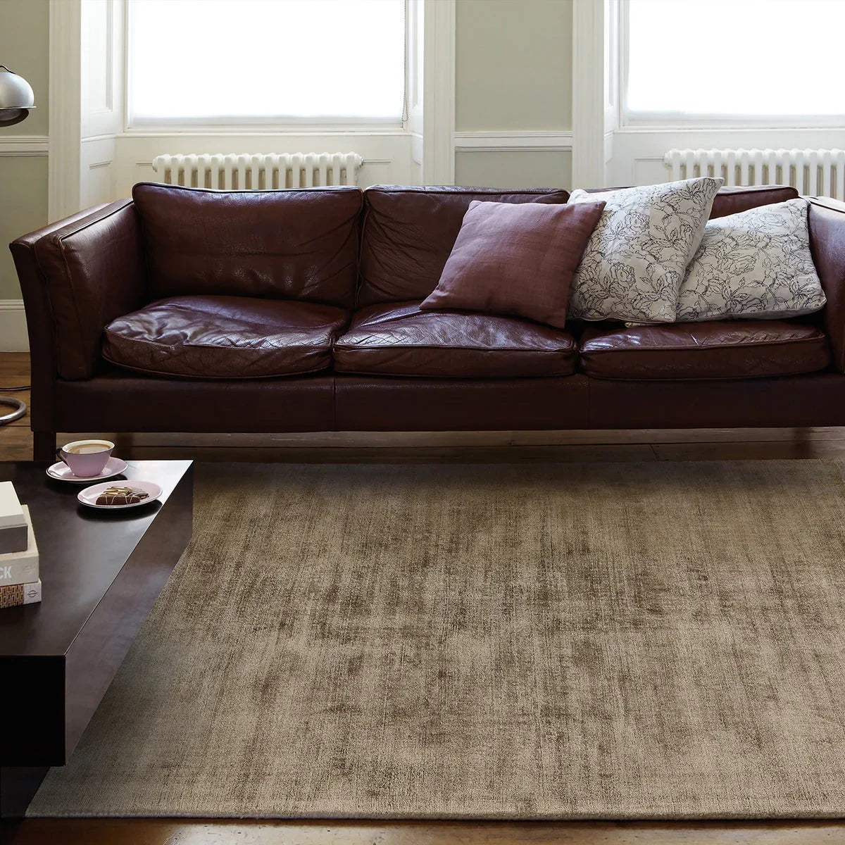 Asiatic Blade Mocha Designer Rug featuring linear pattern in mocha, taupe and beige on ivory, machine-made wool