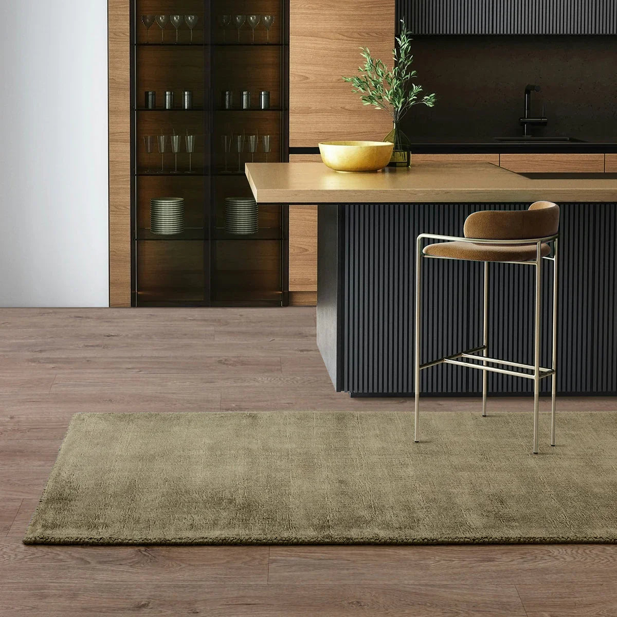 Asiatic Blade Sage Runner Designer Rug featuring solid sage green on warm honey-brown floor, machine-made wool