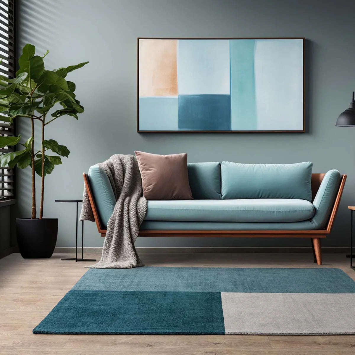 Asiatic Blox Teal Designer Rug featuring block pattern in teal, turquoise and blue on sage green machine-woven polyester