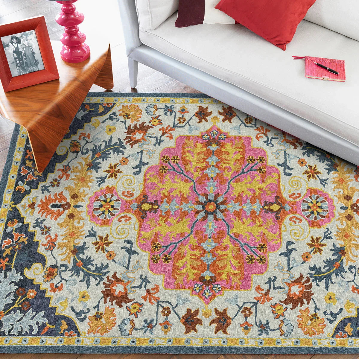 Asiatic Bronte Multi Designer Rug featuring floral medallion in hot pink, yellow, teal and cream on ivory, hand-tufted wool