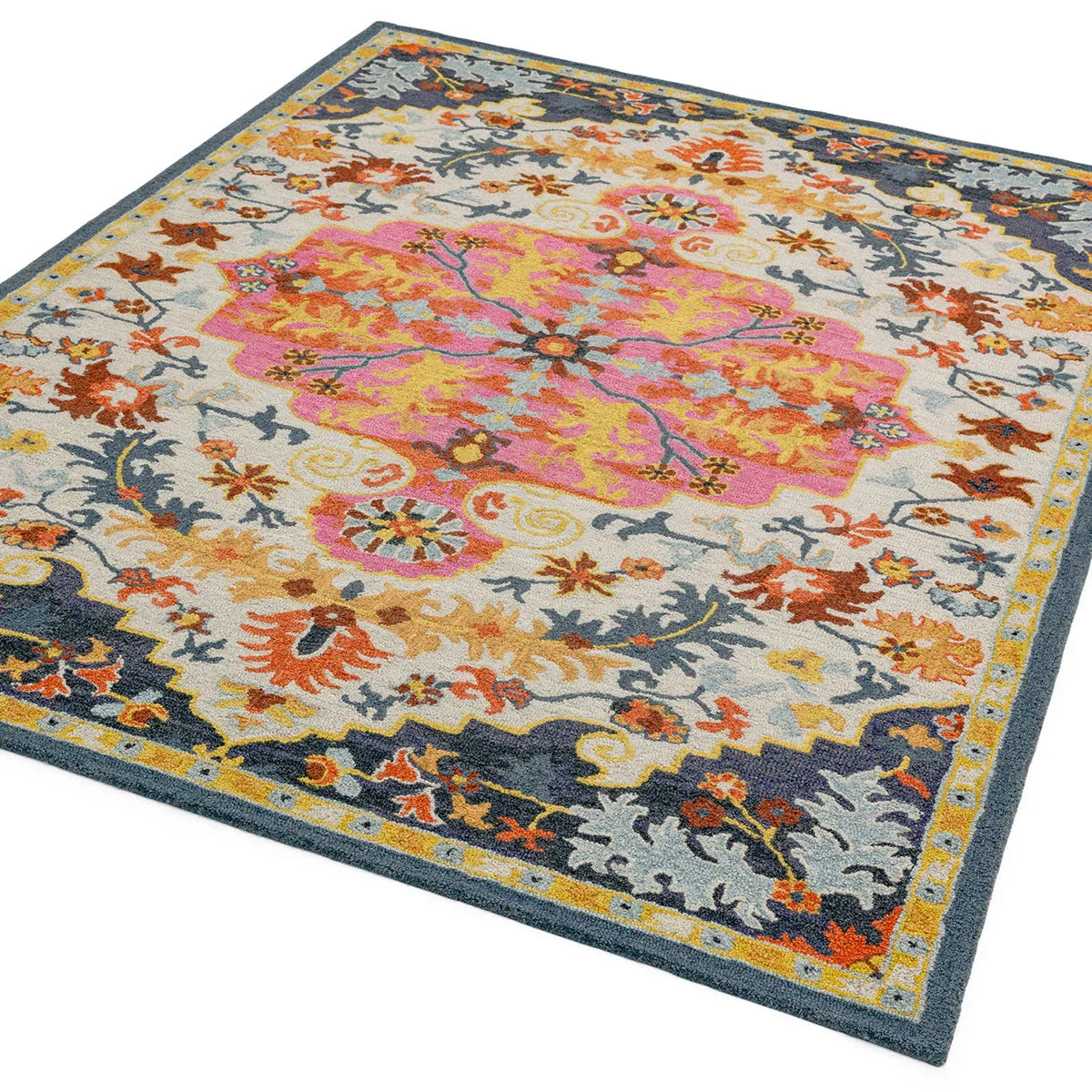 Asiatic Bronte Multi Designer Rug floral medallion in pink yellow blue on ivory background hand-tufted wool