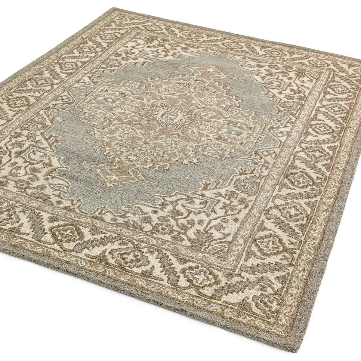 Asiatic Bronte Natural Designer Rug featuring ornate medallion in grey-blue, taupe and ivory on ivory, machine-made wool