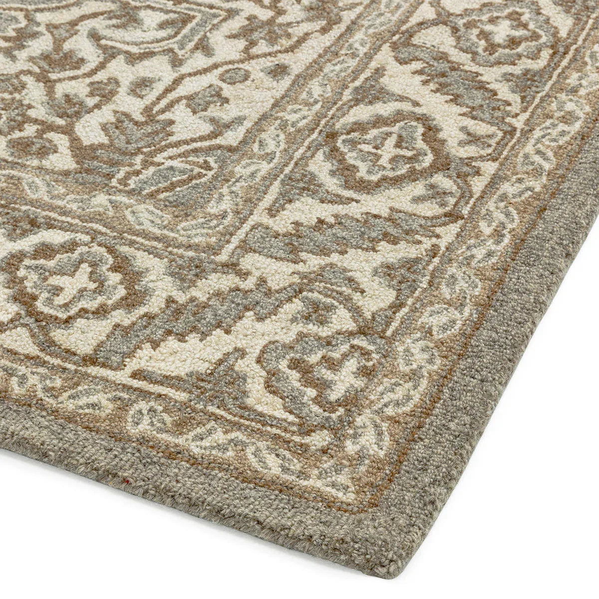 Asiatic Bronte Natural Designer Rug featuring floral pattern in cream, beige, taupe and grey on beige, hand-tufted wool