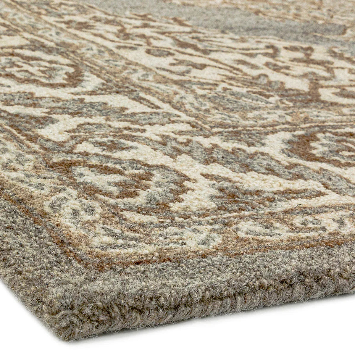 Asiatic Bronte Natural Designer Rug featuring floral pattern in cream beige and grey on beige background handtufted wool