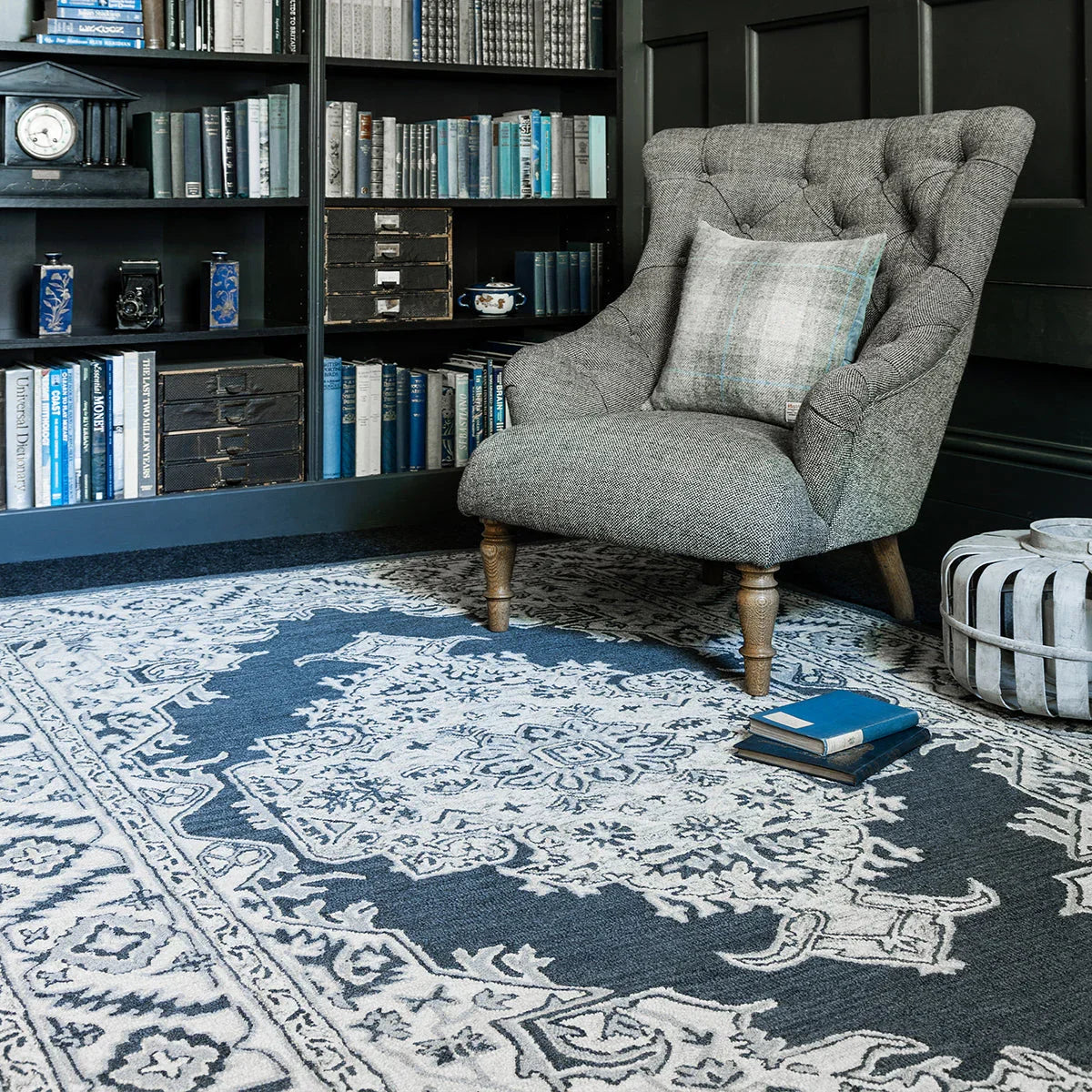 Asiatic Bronte Shadow Designer Rug featuring ornate damask pattern in navy, ivory and grey on navy background, hand-tufted wool