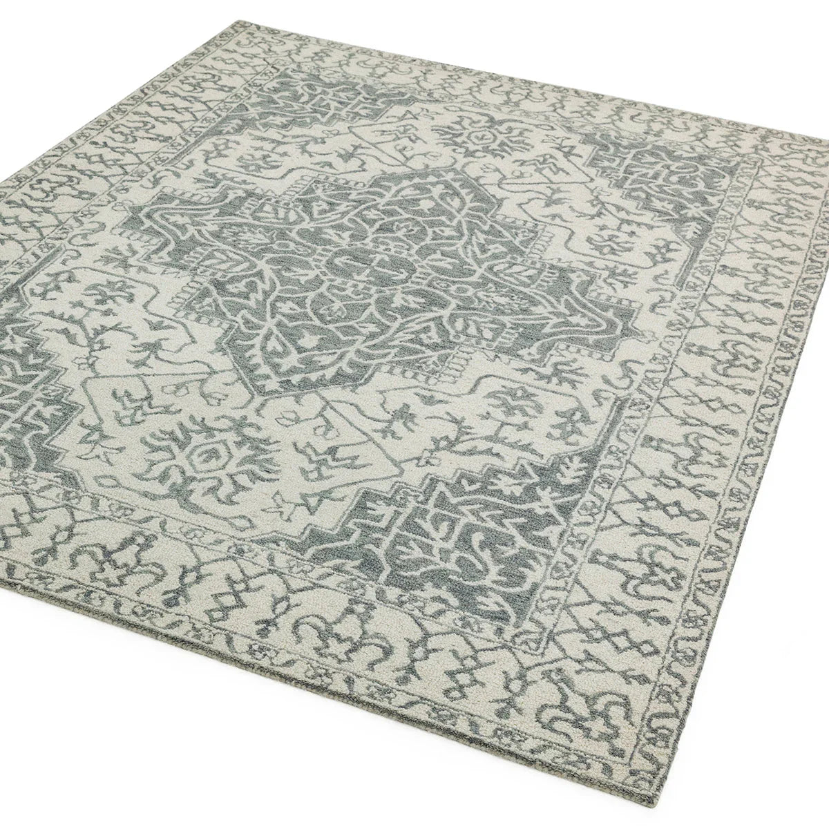 Asiatic Bronte Silver Designer Rug featuring medallion pattern in blue-grey, cream on ivory background, hand-tufted wool