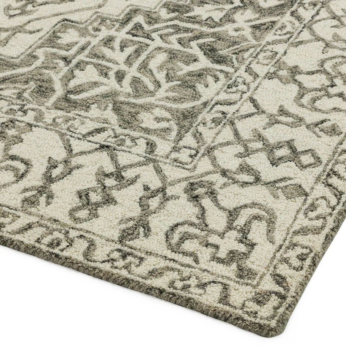 Asiatic Bronte Smoke Designer Rug featuring distressed oriental motif in cream, charcoal and grey on cream background, hand-tufted wool