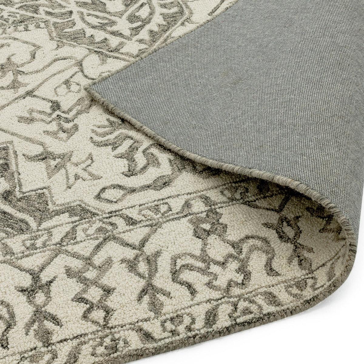 Asiatic Bronte Smoke Rug featuring arabesque pattern in cream, ivory and charcoal on ivory background, hand-tufted wool