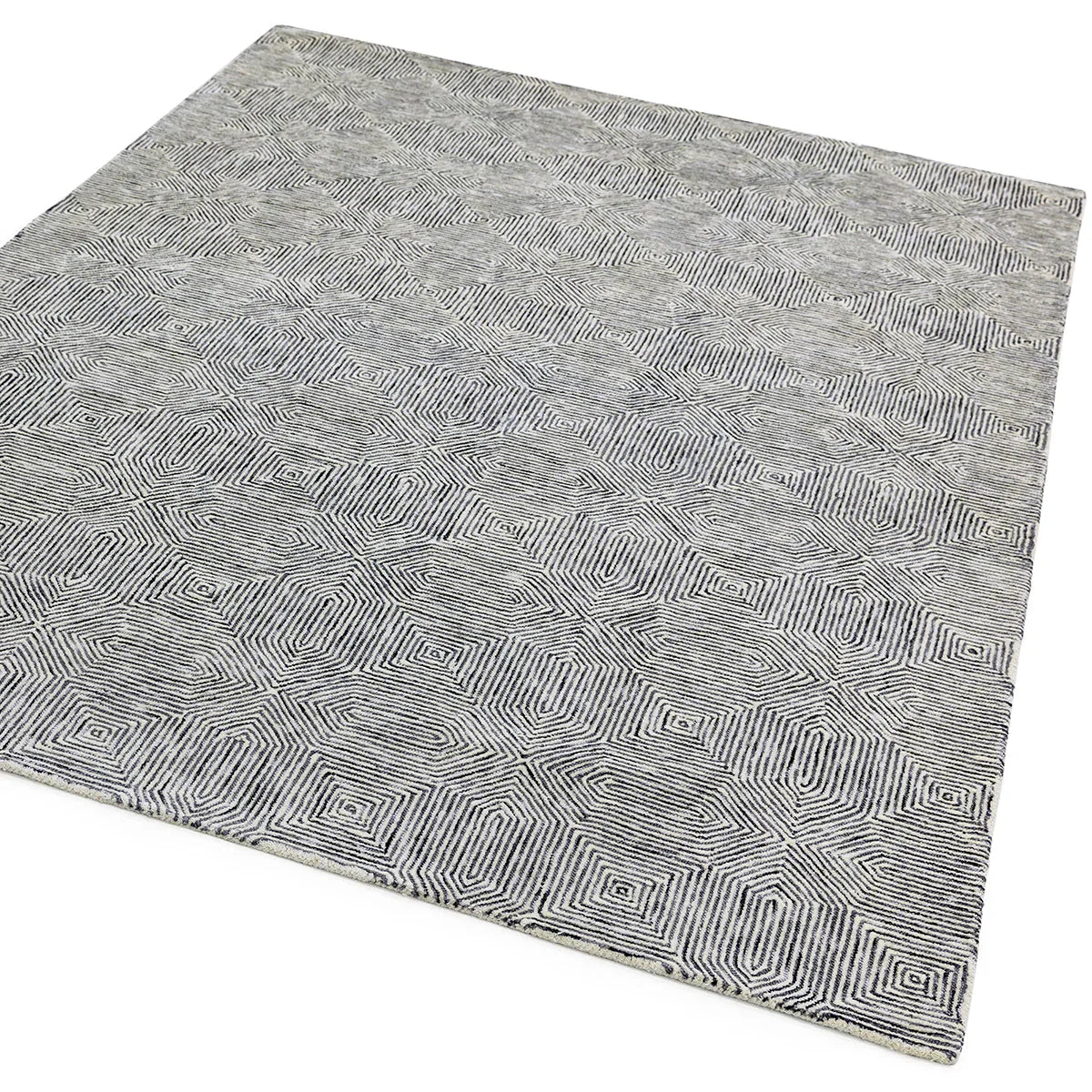 Asiatic Camden Black/White Designer Rug with geometric diamond pattern in black & white on cream background, tufted wool