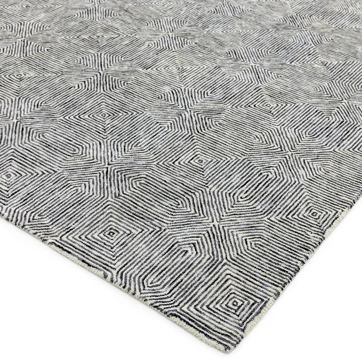 Asiatic Camden Black/White Designer Rug featuring geometric pattern in navy and cream on ivory background, hand-tufted wool