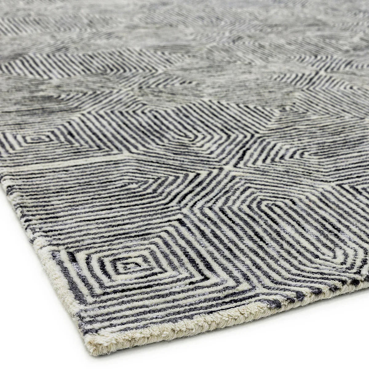 Asiatic Camden Black/White Rug featuring geometric maze pattern in black, white and charcoal on grey, machine-made wool
