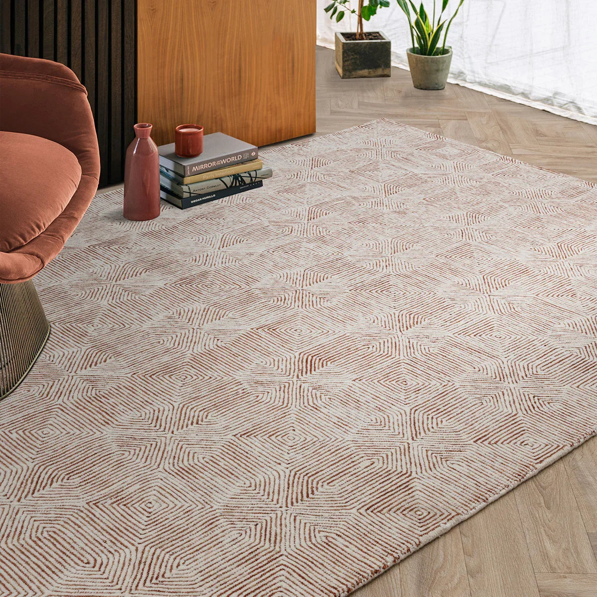 Asiatic Camden Terracotta Designer Rug featuring geometric pattern in terracotta & cream on ivory, hand-tufted wool