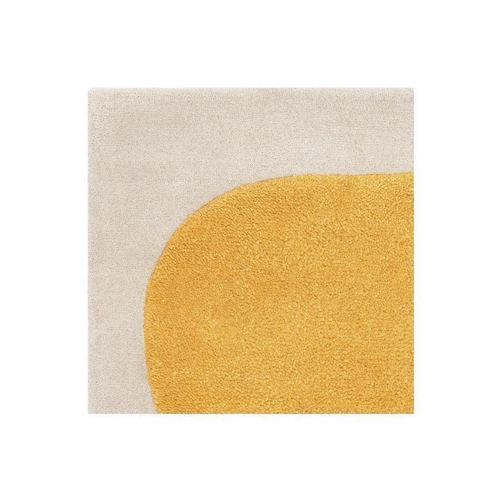 Asiatic Sculpt Gold Designer Rug featuring abstract curved design in mustard gold and beige on cream background, hand-tufted wool