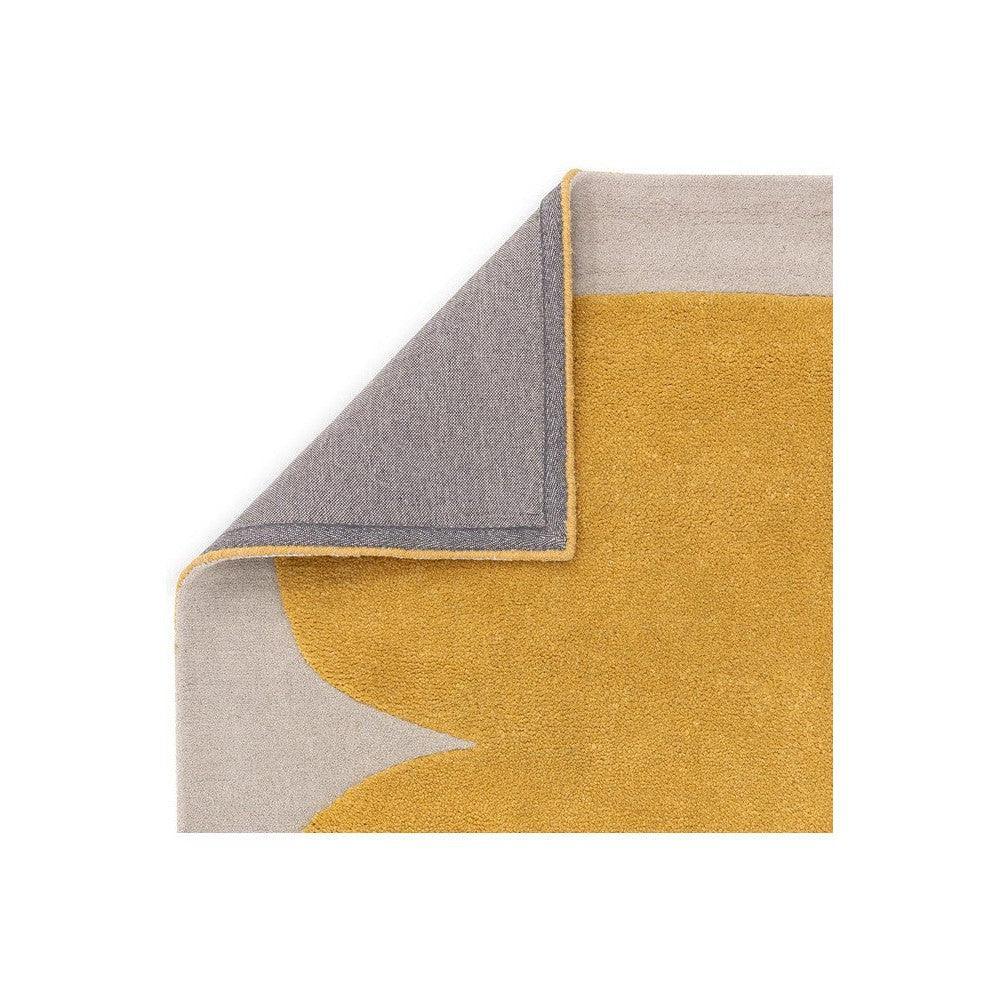 Asiatic Sculpt Gold Designer Rug featuring abstract geometric pattern in mustard yellow, grey and cream on light beige background, machine-made