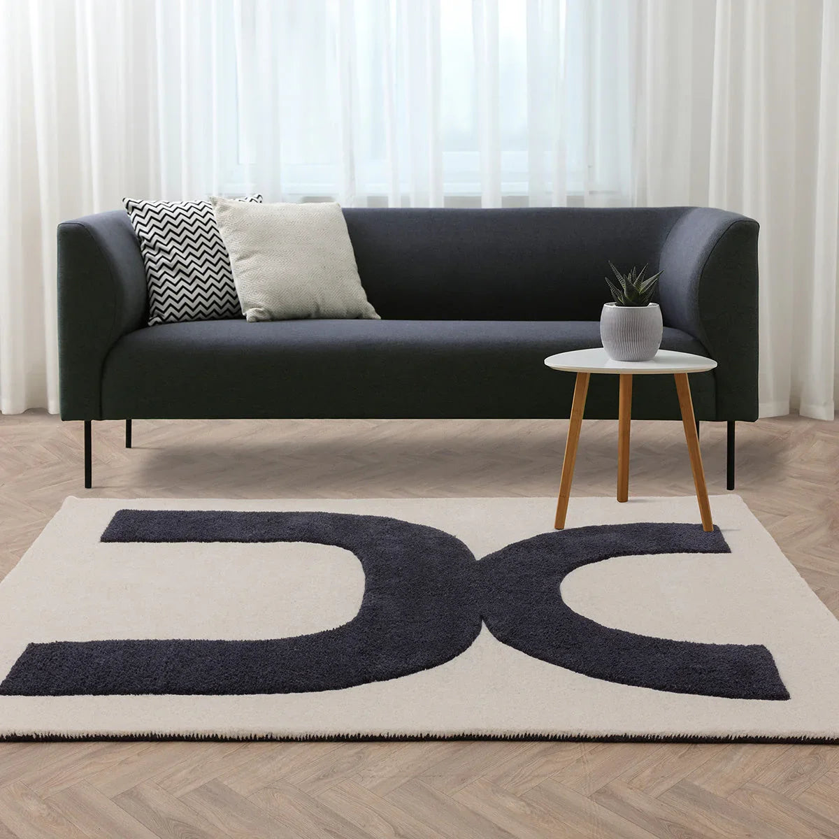 Asiatic Canvas 03 Balance Rug featuring abstract geometric pattern in navy and charcoal on cream, machined cotton