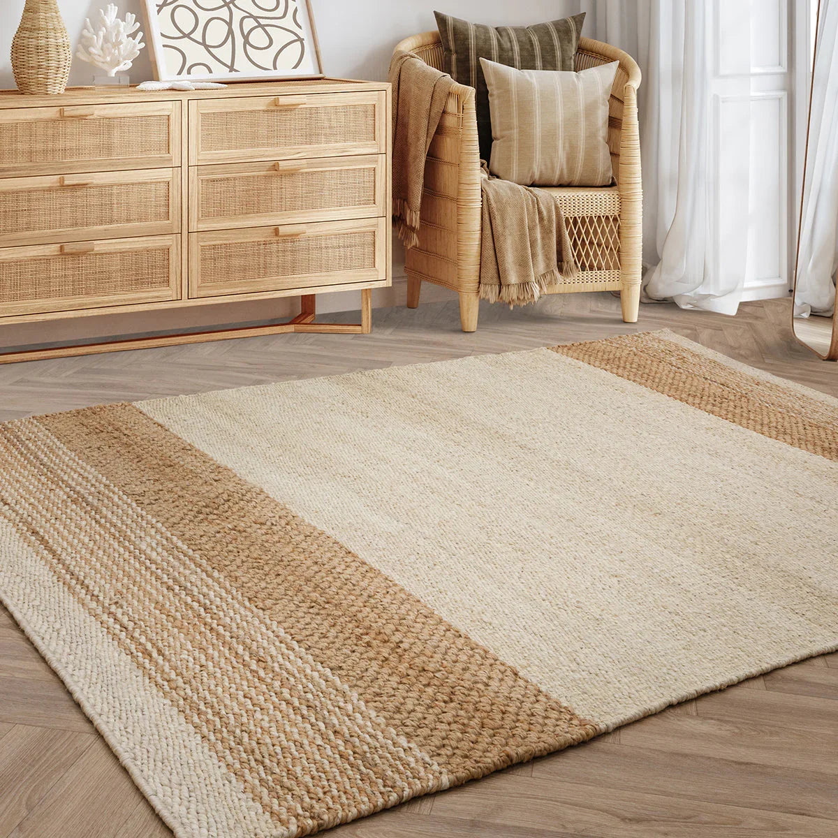 Asiatic Cedar Bleach Natural Designer Rug featuring a textured woven border in cream, beige and tan on warm floor jute