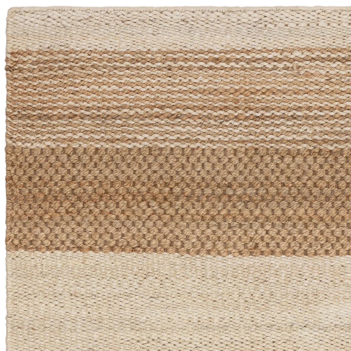 Asiatic Cedar Bleach Natural Designer Rug handwoven striped weave in cream, beige and taupe on white backdrop, jute
