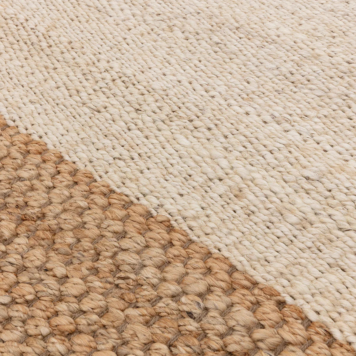 Asiatic Cedar Bleach Natural Designer Rug featuring braided texture in cream, beige and tan on natural jute, handwoven