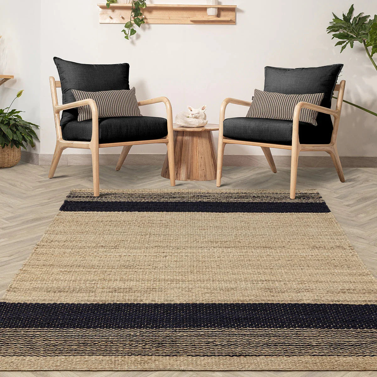 Asiatic Cedar Charcoal Natural Designer Rug featuring striped border in beige and navy on light cream, handwoven jute