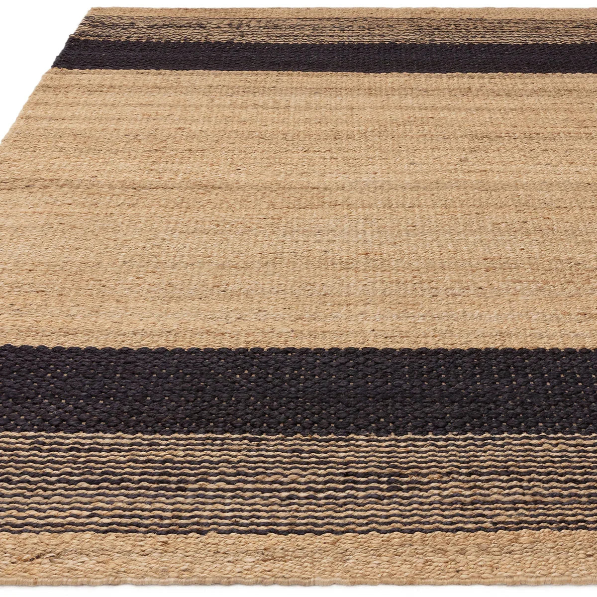 Asiatic Cedar Charcoal Natural Designer Rug featuring stripe design in beige, charcoal on white bg, handwoven fibre