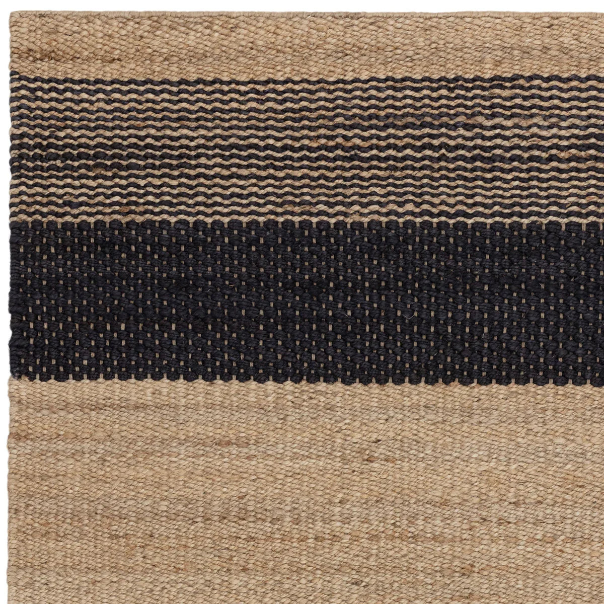 Asiatic Cedar Charcoal Natural Designer Rug featuring striped pattern in charcoal and beige on beige, hand-woven jute
