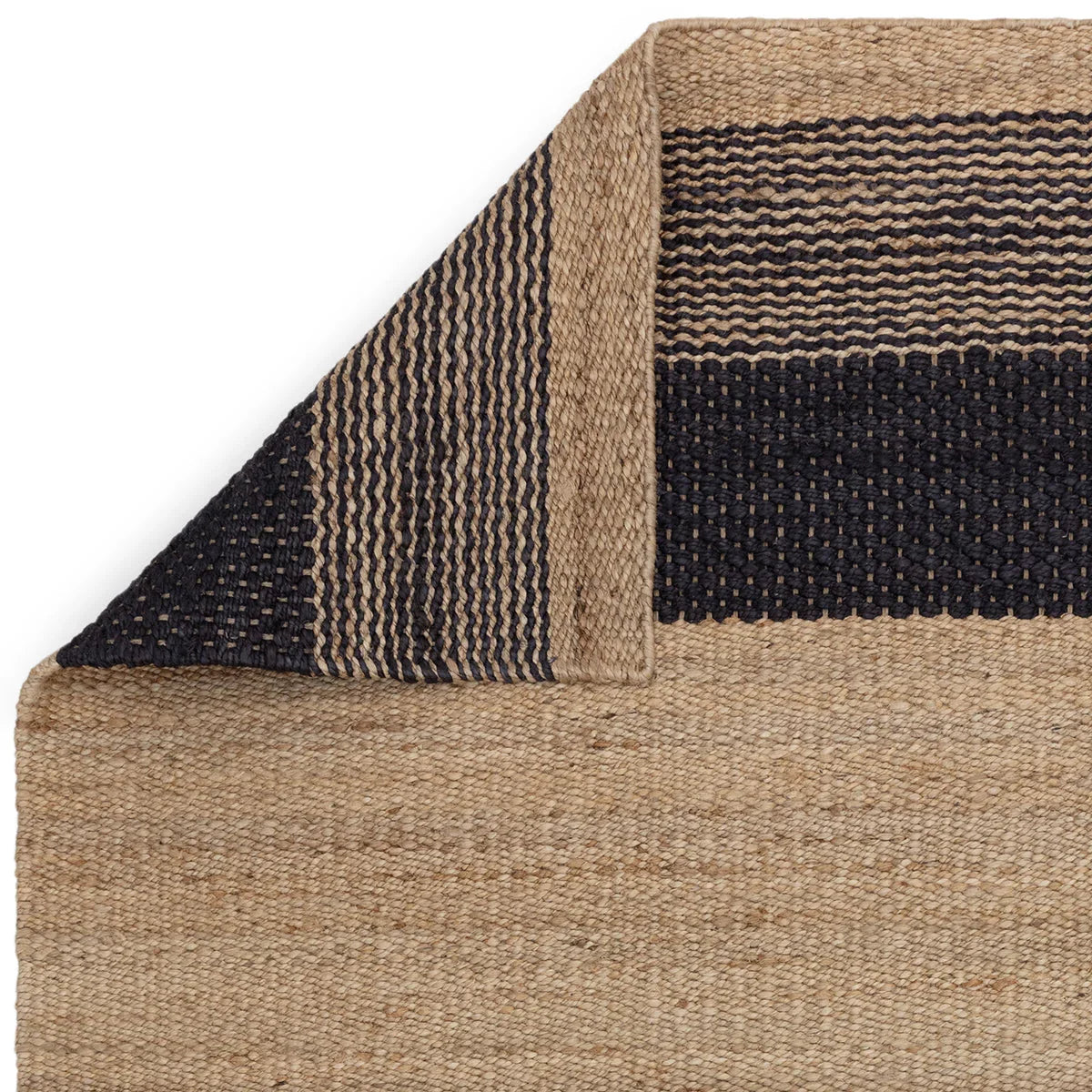Asiatic Cedar Charcoal Natural Designer Rug with handwoven striped weave in charcoal, navy and tan on white bg, jute