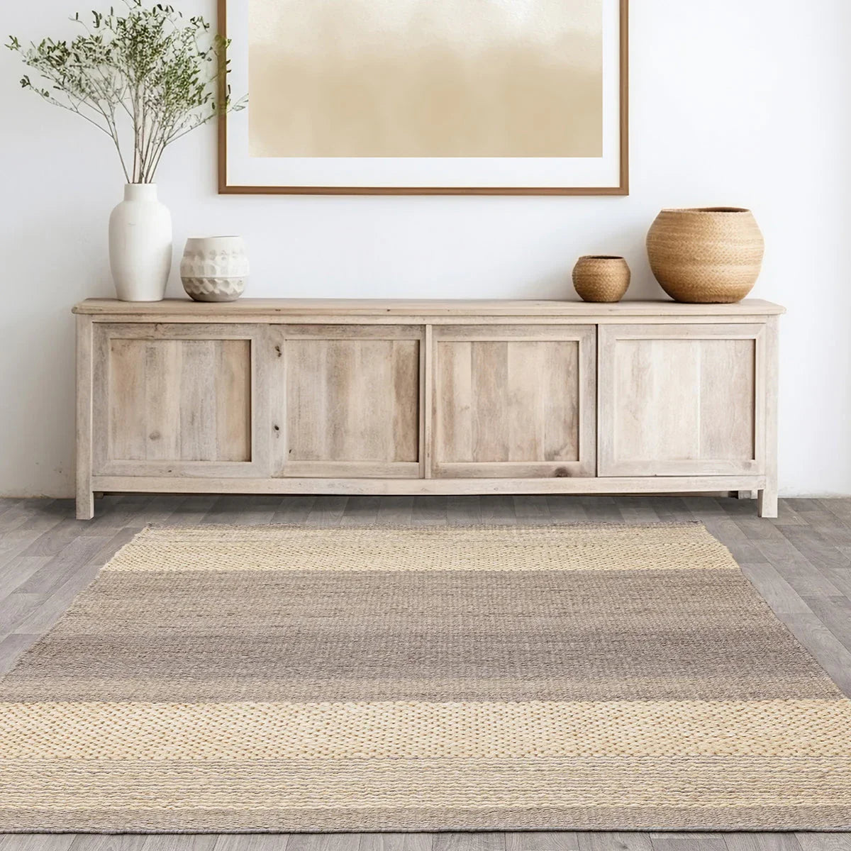 Asiatic Cedar Grey Natural Designer Rug featuring flatwoven beige, taupe and grey on pale background, hand-woven jute