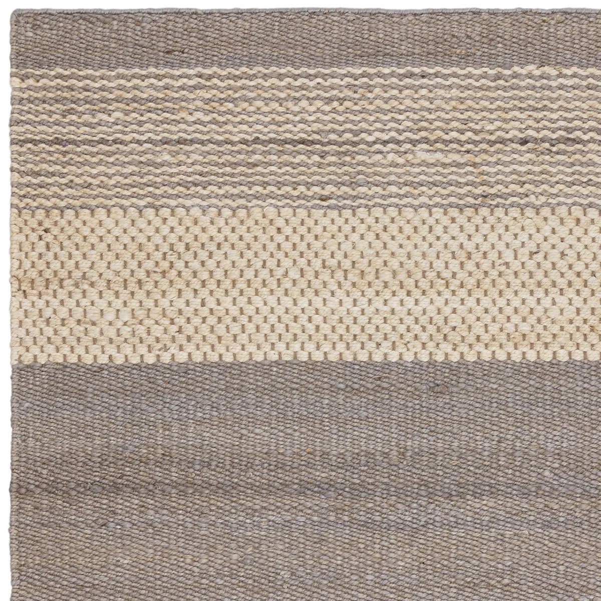Asiatic Cedar Grey Natural Rug featuring striped banding in slate grey, taupe and cream on beige, hand-woven wool