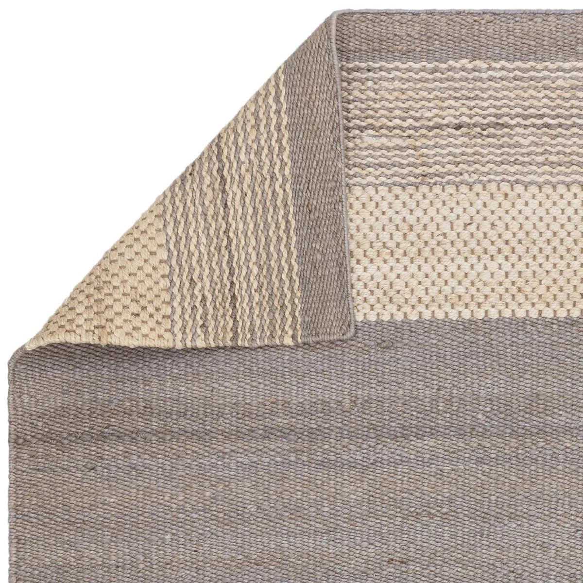 Asiatic Cedar Grey Natural Designer Rug featuring striped weave in grey beige cream on white background hand-tufted wool