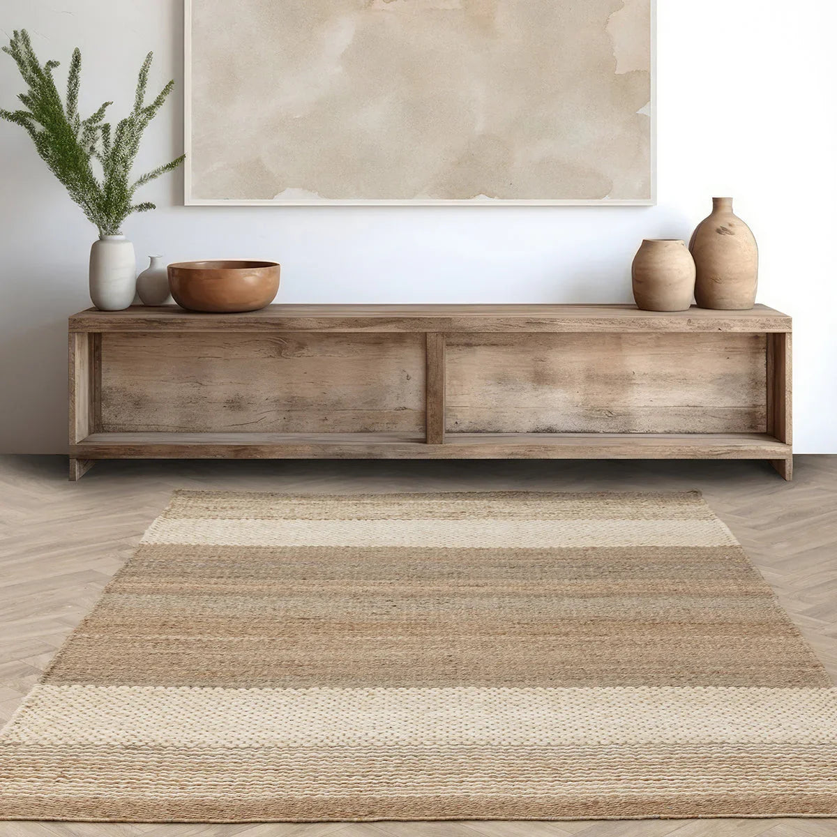 Asiatic Cedar Ivory Natural Designer Rug featuring striped texture in ivory, beige and tan on white backdrop, hand-woven jute